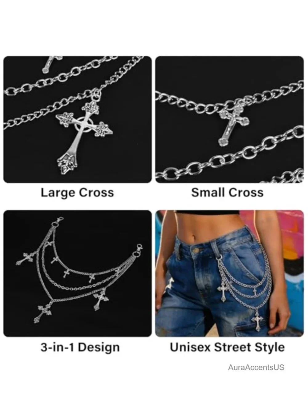3-Layer Silver Cross Punk Chain Belt Hip Hop Gothic Jeans Chain Streetwear